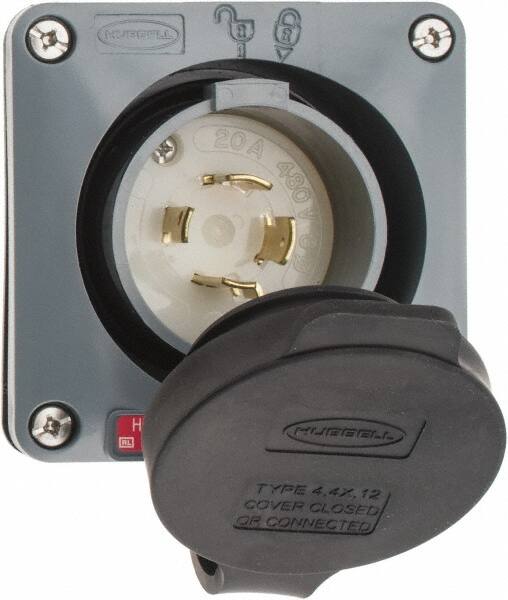 Hubbell Wiring Device-Kellems - 480 VAC, 20 Amp, L16-20P NEMA, Self Grounding Inlet - 3 Poles, 4 Wire, Male End, Gray - Exact Tooling
