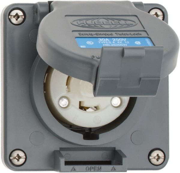 Hubbell Wiring Device-Kellems - 250 VAC, 30 Amp, L6-30R NEMA, Self Grounding Receptacle - 2 Poles, 3 Wire, Female End, Gray - Exact Tooling