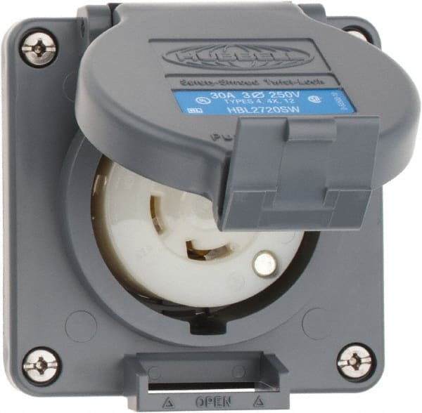 Hubbell Wiring Device-Kellems - 250 VAC, 30 Amp, L15-30R NEMA, Self Grounding Receptacle - 3 Poles, 4 Wire, Female End, Gray - Exact Tooling