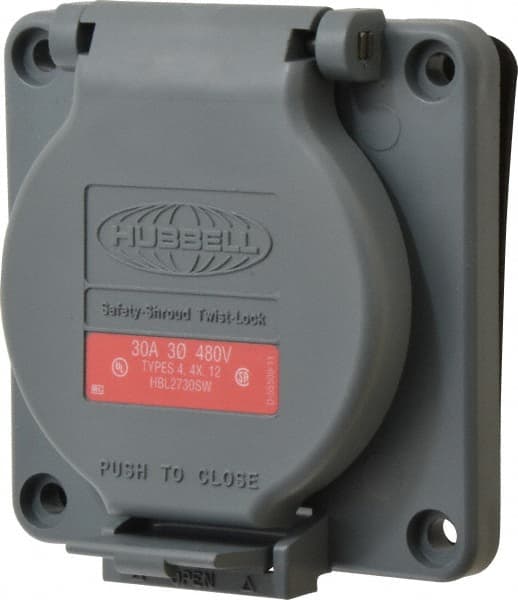 Hubbell Wiring Device-Kellems - 480 VAC, 30 Amp, L16-30R NEMA, Self Grounding Receptacle - 3 Poles, 4 Wire, Female End, Gray - Exact Tooling