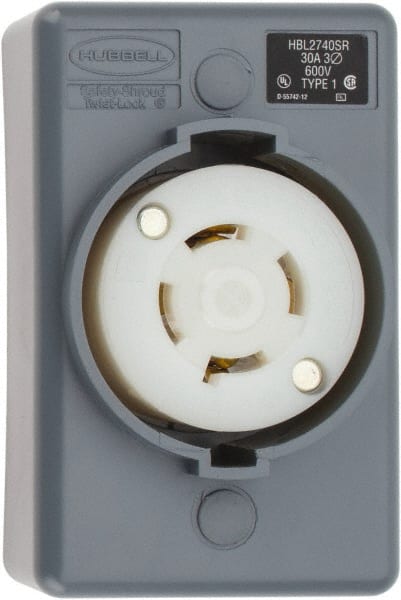 Hubbell Wiring Device-Kellems - 600 VAC, 30 Amp, L17-30R NEMA, Self Grounding Receptacle - 3 Poles, 4 Wire, Female End, Gray - Exact Tooling