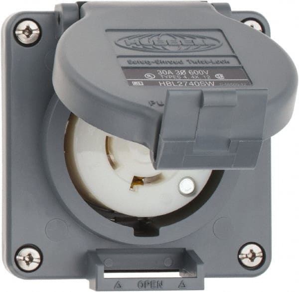 Hubbell Wiring Device-Kellems - 600 VAC, 30 Amp, L17-30R NEMA, Self Grounding Receptacle - 3 Poles, 4 Wire, Female End, Gray - Exact Tooling