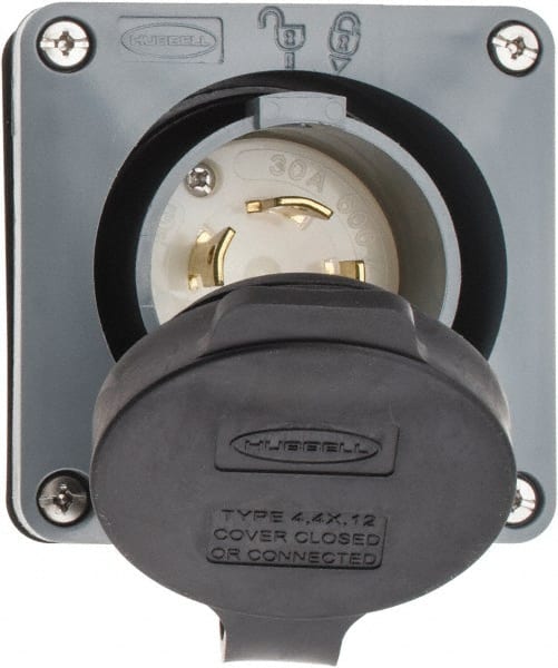 Hubbell Wiring Device-Kellems - 600 VAC, 30 Amp, L17-30P NEMA, Self Grounding Inlet - 3 Poles, 4 Wire, Male End, Gray - Exact Tooling