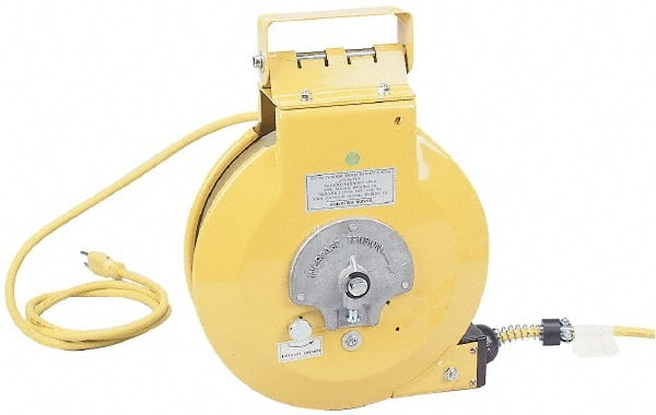 Conductix - 16 AWG, 50' Cable Length, Cord & Cable Reel with Fluorescent Hand Lamp End - 0 Outlets, 10 Amps, SOOW-A Cable, Yellow Reel, Spring Driven Reel - Exact Tooling