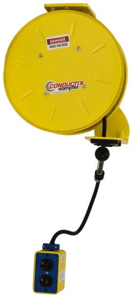 Conductix - 16 AWG, 25' Cable Length, Cord & Cable Reel with Outlet End - 3 Outlets, NEMA 5-15R, 10 Amps, 125 Volts, SOOW-A Cable, Yellow Reel, Spring Driven Reel - Exact Tooling