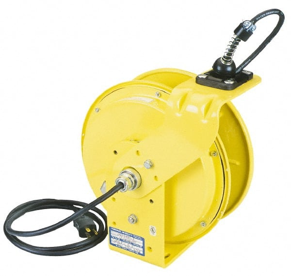 Conductix - 16 AWG, 35' Cable Length, Cord & Cable Reel with Outlet End - 3 Outlets, NEMA 5-15R, 10 Amps, 125 Volts, SOOW-A Cable, Yellow Reel, Spring Driven Reel - Exact Tooling