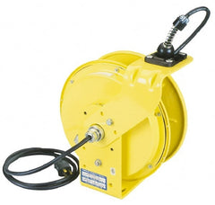 Conductix - 16 AWG, 35' Cable Length, Cord & Cable Reel with Bare End - 3 Outlets, NEMA 5-15R, 10 Amps, 110 Volts, SOOW-A Cable, Yellow Reel, Spring Driven Reel - Exact Tooling