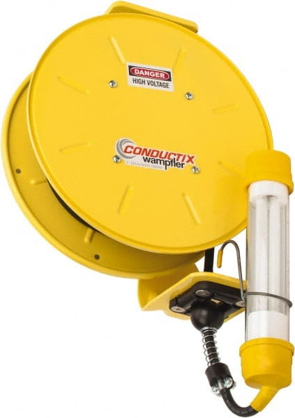 Conductix - 16 AWG, 35' Cable Length, Cord & Cable Reel with Fluorescent Hand Lamp End - 0 Outlets, 10 Amps, SOOW-A Cable, Yellow Reel, Spring Driven Reel - Exact Tooling
