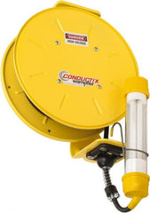 Conductix - 16 AWG, 35' Cable Length, Cord & Cable Reel with Fluorescent Hand Lamp End - 0 Outlets, 10 Amps, SOOW-A Cable, Yellow Reel, Spring Driven Reel - Exact Tooling