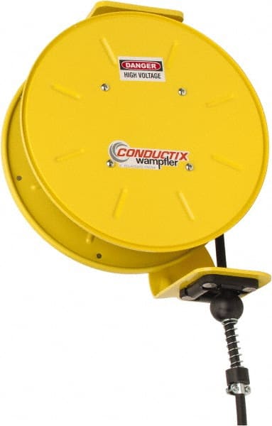 Conductix - 16 AWG, 50' Cable Length, Cord & Cable Reel with Bare End - 3 Outlets, NEMA 5-15R, 10 Amps, 110 Volts, SOOW-A Cable, Yellow Reel, Spring Driven Reel - Exact Tooling