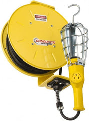 Conductix - 16 AWG, 50' Cable Length, Cord & Cable Reel with Incandescent Hand Lamp End - 1 Outlet, NEMA 5-15R, 10 Amps, 125 Volts, SOOW-A Cable, Yellow Reel, Spring Driven Reel - Exact Tooling