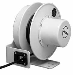 Conductix - 10 AWG, 40' Cable Length, Cord & Cable Reel with Bare End - 4 Outlets, NEMA 5-20R, 20 Amps, SEOW-A Cable, Yellow Reel, Spring Driven Reel - Exact Tooling