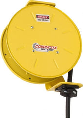 Conductix - 14 AWG, 30' Cable Length, Cord & Cable Reel with Bare End - 3 Outlets, NEMA 5-15R, 15 Amps, SEOW-A Cable, Yellow Reel, Spring Driven Reel - Exact Tooling