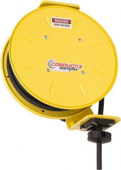 Conductix - 12 AWG, 30' Cable Length, Cord & Cable Reel with Bare End - 3 Outlets, NEMA 5-20R, 20 Amps, SEOW-A Cable, Yellow Reel, Spring Driven Reel - Exact Tooling
