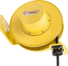 Conductix - 10 AWG, 30' Cable Length, Cord & Cable Reel with Bare End - 3 Outlets, NEMA 5-20R, 25 Amps, SEOW-A Cable, Yellow Reel, Spring Driven Reel - Exact Tooling
