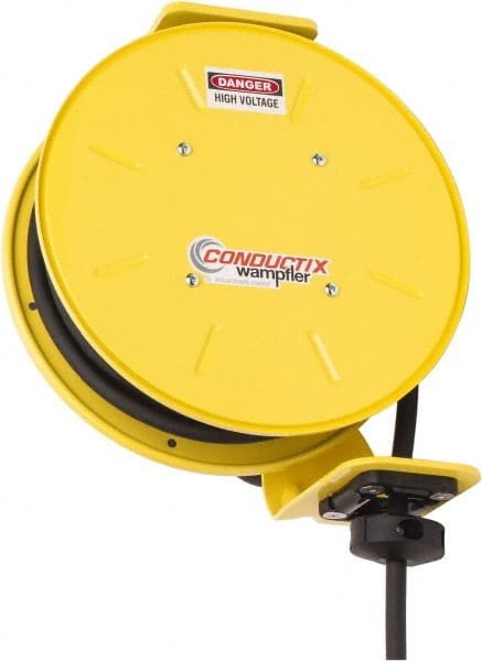 Conductix - 14 AWG, 40' Cable Length, Cord & Cable Reel with Bare End - 3 Outlets, NEMA 5-15R, 15 Amps, SEOW-A Cable, Yellow Reel, Spring Driven Reel - Exact Tooling