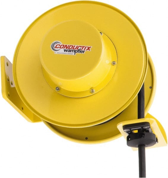 Conductix - 12 AWG, 40' Cable Length, Cord & Cable Reel with Bare End - 3 Outlets, NEMA 5-20R, 20 Amps, SEOW-A Cable, Yellow Reel, Spring Driven Reel - Exact Tooling