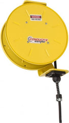 Conductix - 16 AWG, 20' Cable Length, Cord & Cable Reel with Bare End - 4 Outlets, NEMA 5-15R, 8 Amps, SEOW-A Cable, Yellow Reel, Spring Driven Reel - Exact Tooling