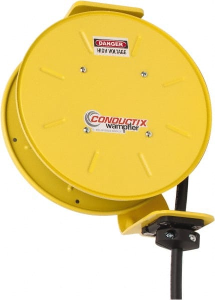 Conductix - 14 AWG, 20' Cable Length, Cord & Cable Reel with Bare End - 4 Outlets, NEMA 5-15R, 12 Amps, SEOW-A Cable, Yellow Reel, Spring Driven Reel - Exact Tooling
