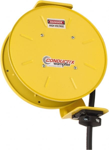 Conductix - 12 AWG, 20' Cable Length, Cord & Cable Reel with Bare End - 4 Outlets, NEMA 5-15R, 16 Amps, SEOW-A Cable, Yellow Reel, Spring Driven Reel - Exact Tooling