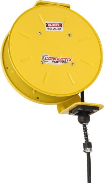 Conductix - 16 AWG, 30' Cable Length, Cord & Cable Reel with Bare End - 4 Outlets, NEMA 5-15R, 8 Amps, SEOW-A Cable, Yellow Reel, Spring Driven Reel - Exact Tooling