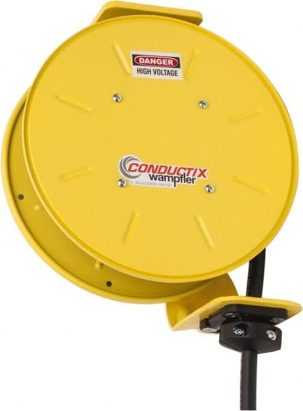 Conductix - 14 AWG, 30' Cable Length, Cord & Cable Reel with Bare End - 4 Outlets, NEMA 5-15R, 12 Amps, SEOW-A Cable, Yellow Reel, Spring Driven Reel - Exact Tooling