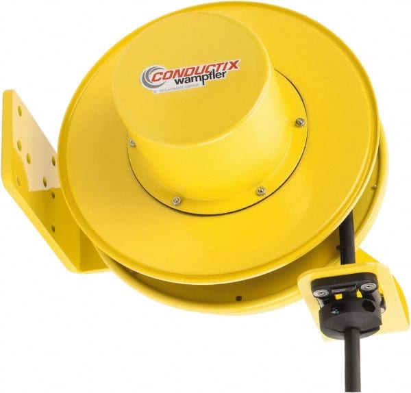 Conductix - 10 AWG, 30' Cable Length, Cord & Cable Reel with Bare End - 4 Outlets, NEMA 5-20R, 20 Amps, SEOW-A Cable, Yellow Reel, Spring Driven Reel - Exact Tooling