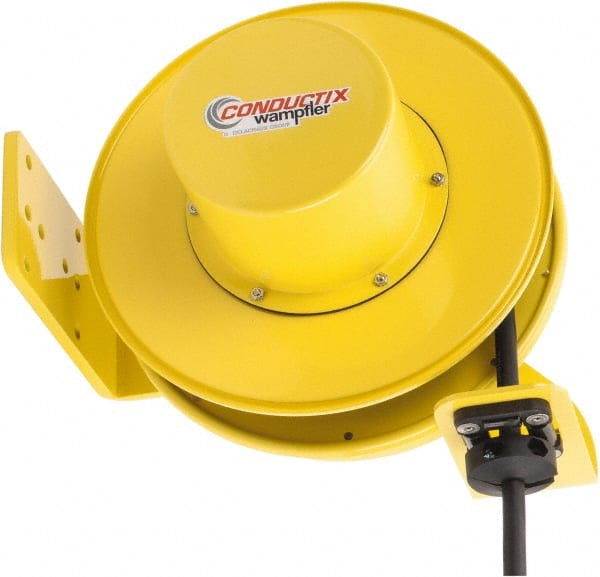 Conductix - 14 AWG, 40' Cable Length, Cord & Cable Reel with Bare End - 4 Outlets, NEMA 5-15R, 12 Amps, SEOW-A Cable, Yellow Reel, Spring Driven Reel - Exact Tooling