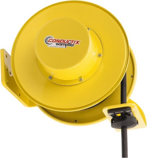 Conductix - 12 AWG, 40' Cable Length, Cord & Cable Reel with Bare End - 4 Outlets, NEMA 5-15R, 16 Amps, SEOW-A Cable, Yellow Reel, Spring Driven Reel - Exact Tooling