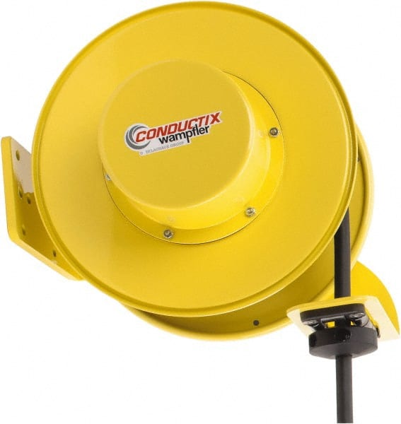 Conductix - 10 AWG, 50' Cable Length, Cord & Cable Reel with Bare End - 4 Outlets, NEMA 5-20R, 20 Amps, SEOW-A Cable, Yellow Reel, Spring Driven Reel - Exact Tooling