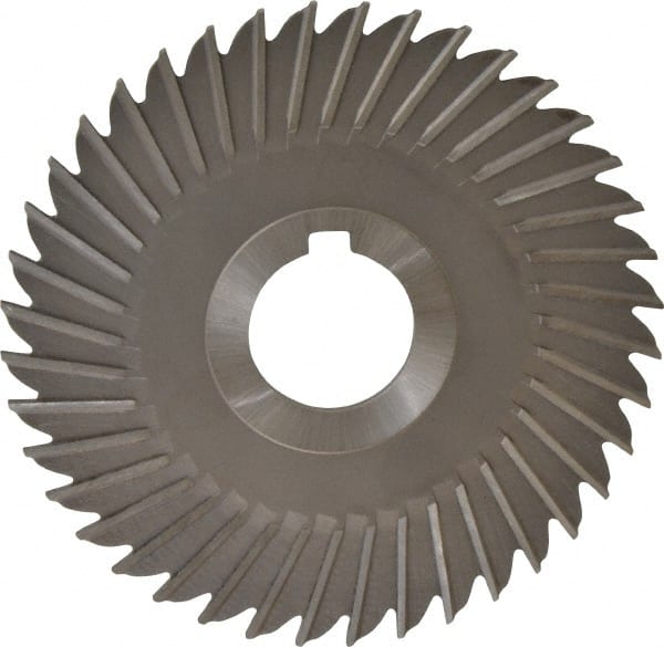 Made in USA - 5" Blade Diam x 1/8" Blade Thickness, 1-1/4" Hole, 40 Teeth, High Speed Steel Side Chip Saw - Straight Tooth, Arbor Connection, Right Hand Cut, Uncoated, with Keyway - Exact Tooling