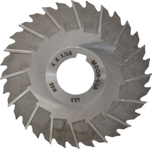 Made in USA - 4" Blade Diam x 1/16" Blade Thickness, 1" Hole, 32 Teeth, High Speed Steel Side Chip Saw - Staggered Tooth, Arbor Connection, Right Hand Cut, Uncoated, with Keyway - Exact Tooling
