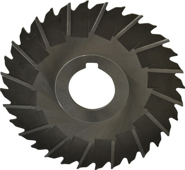 Made in USA - 4" Blade Diam x 5/64" Blade Thickness, 1" Hole, 32 Teeth, High Speed Steel Side Chip Saw - Staggered Tooth, Arbor Connection, Right Hand Cut, Uncoated, with Keyway - Exact Tooling