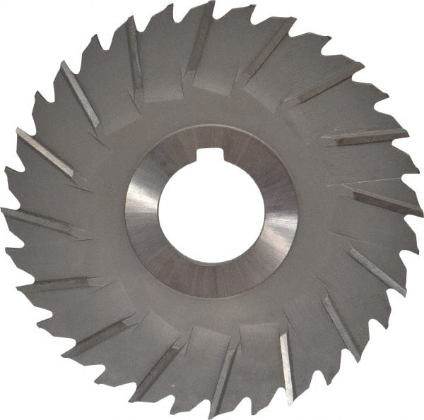 Made in USA - 4" Blade Diam x 1/8" Blade Thickness, 1" Hole, 32 Teeth, High Speed Steel Side Chip Saw - Staggered Tooth, Arbor Connection, Right Hand Cut, Uncoated, with Keyway - Exact Tooling