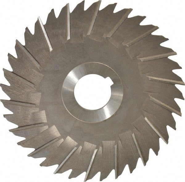Made in USA - 5" Blade Diam x 1/8" Blade Thickness, 1" Hole, 36 Teeth, High Speed Steel Side Chip Saw - Staggered Tooth, Arbor Connection, Right Hand Cut, Uncoated, with Keyway - Exact Tooling