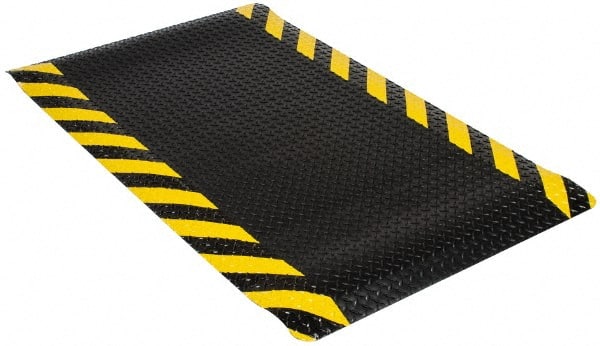 Wearwell - 5' Long x 3' Wide, Dry Environment, Anti-Fatigue Matting - Black with Yellow Chevron Borders, Vinyl with Nitrile Blend Base, Beveled on 4 Sides - Exact Tooling