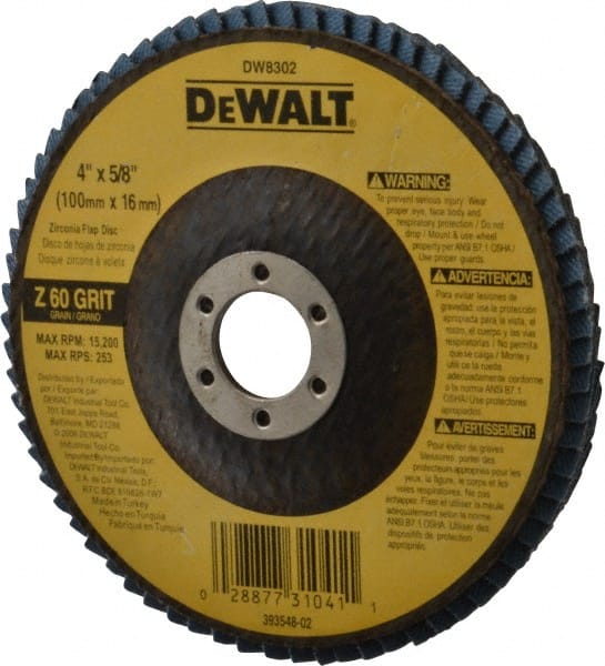 DeWALT - 60 Grit, 4" Disc Diam, 5/8" Center Hole, Type 27 Zirconia Alumina Flap Disc - 15,200 Max RPM, Fiberglass Backing, Arbor Attaching System, Coated - Exact Tooling