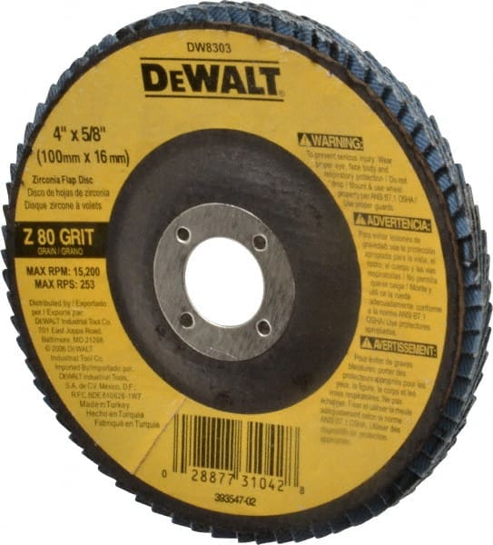 DeWALT - 80 Grit, 4" Disc Diam, 5/8" Center Hole, Type 27 Zirconia Alumina Flap Disc - 15,200 Max RPM, Fiberglass Backing, Arbor Attaching System, Coated - Exact Tooling