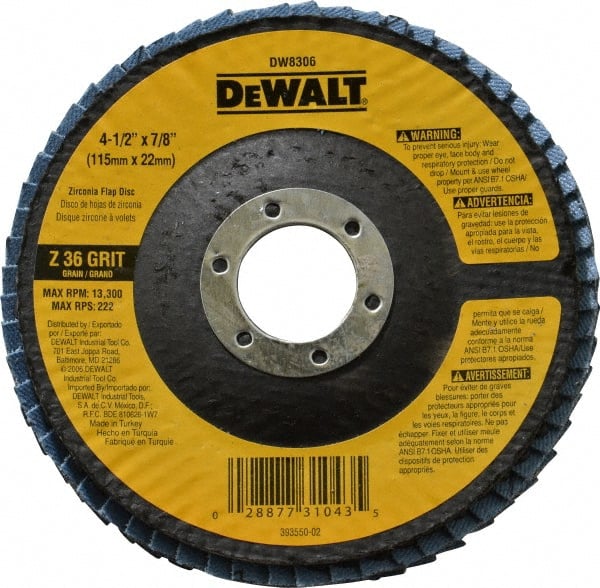 DeWALT - 36 Grit, 4-1/2" Disc Diam, 7/8" Center Hole, Type 29 Zirconia Alumina Flap Disc - 13,300 Max RPM, Fiberglass Backing, Arbor Attaching System, Coated - Exact Tooling