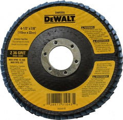 DeWALT - 36 Grit, 4-1/2" Disc Diam, 7/8" Center Hole, Type 29 Zirconia Alumina Flap Disc - 13,300 Max RPM, Fiberglass Backing, Arbor Attaching System, Coated - Exact Tooling
