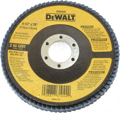 DeWALT - 60 Grit, 4-1/2" Disc Diam, 7/8" Center Hole, Type 29 Zirconia Alumina Flap Disc - 13,300 Max RPM, Fiberglass Backing, Arbor Attaching System, Coated - Exact Tooling