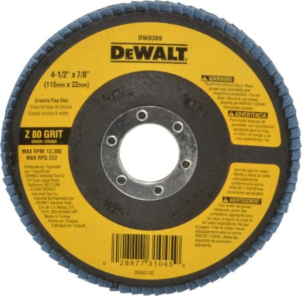DeWALT - 80 Grit, 4-1/2" Disc Diam, 7/8" Center Hole, Type 29 Zirconia Alumina Flap Disc - 13,300 Max RPM, Fiberglass Backing, Arbor Attaching System, Coated - Exact Tooling