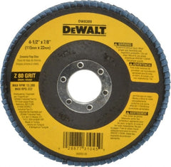 DeWALT - 80 Grit, 4-1/2" Disc Diam, 7/8" Center Hole, Type 29 Zirconia Alumina Flap Disc - 13,300 Max RPM, Fiberglass Backing, Arbor Attaching System, Coated - Exact Tooling