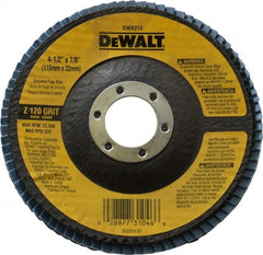 DeWALT - 120 Grit, 4-1/2" Disc Diam, 7/8" Center Hole, Type 29 Zirconia Alumina Flap Disc - 13,300 Max RPM, Fiberglass Backing, Arbor Attaching System, Coated - Exact Tooling