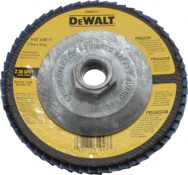 DeWALT - 36 Grit, 4-1/2" Disc Diam, 5/8-11 Center Hole, Type 29 Zirconia Alumina Flap Disc - 13,300 Max RPM, Fiberglass Backing, Arbor Attaching System, Coated - Exact Tooling