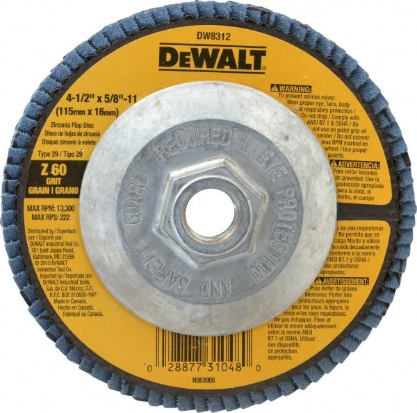 DeWALT - 60 Grit, 4-1/2" Disc Diam, 5/8-11 Center Hole, Type 29 Zirconia Alumina Flap Disc - 13,300 Max RPM, Fiberglass Backing, Arbor Attaching System, Coated - Exact Tooling