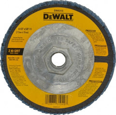 DeWALT - 80 Grit, 4-1/2" Disc Diam, 5/8-11 Center Hole, Type 29 Zirconia Alumina Flap Disc - 13,300 Max RPM, Fiberglass Backing, Arbor Attaching System, Coated - Exact Tooling