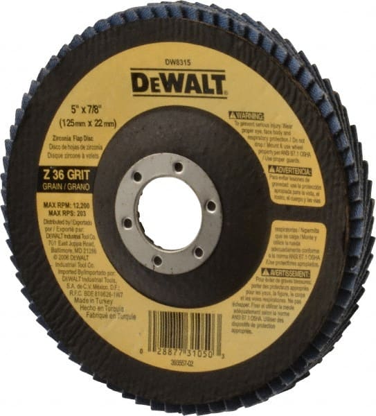 DeWALT - 40 Grit, 5" Disc Diam, 7/8" Center Hole, Type 29 Zirconia Alumina Flap Disc - 12,200 Max RPM, Fiberglass Backing, Arbor Attaching System, Coated - Exact Tooling