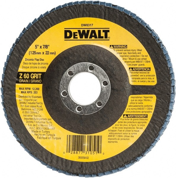 DeWALT - 60 Grit, 5" Disc Diam, 7/8" Center Hole, Type 29 Zirconia Alumina Flap Disc - 12,200 Max RPM, Fiberglass Backing, Arbor Attaching System, Coated - Exact Tooling