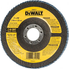 DeWALT - 60 Grit, 5" Disc Diam, 7/8" Center Hole, Type 29 Zirconia Alumina Flap Disc - 12,200 Max RPM, Fiberglass Backing, Arbor Attaching System, Coated - Exact Tooling